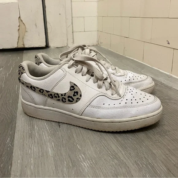 Nike Court Vision Low Women’s 7 White Sneakers with Cheetah Accent - Picture 1 of 6